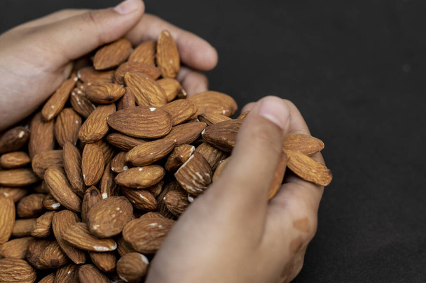 Almonds seed in hand on Black background is actually the seed from the fruit of an almond tree. The scientific name is Prunus dulcis and they are native to the Middle East, India, Pakistan and North Africa. - Photo, Image