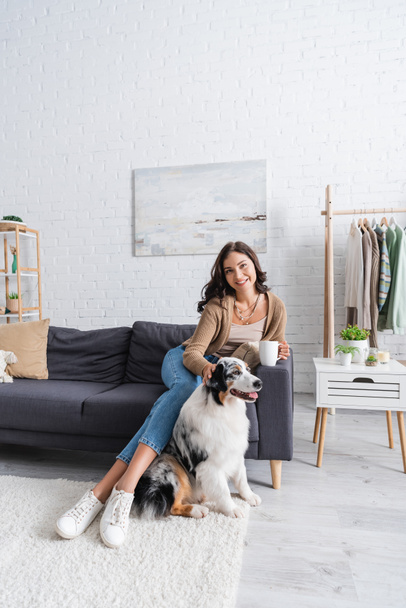 szczęśliwa młoda kobieta siedzi na kanapie i przytula owczarka australijskiego trzymając filiżankę kawy - Zdjęcie, obraz