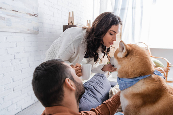 bearded man looking at girlfriend with cup of coffee pouting lips near akita inu dog  - Photo, Image