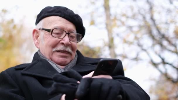 De gepensioneerde gebruikt een smartphone, hij zit op een bankje in het park. Een 80-jarige gepensioneerde - Video