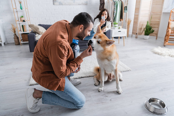 homem feliz alimentando akita inu cão com pet food perto de namorada borrada com smartphone - Foto, Imagem