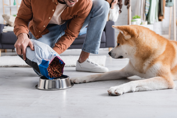 vue recadrée de l'homme heureux ajoutant de la nourriture pour animaux de compagnie dans un bol près du chien akita inu - Photo, image