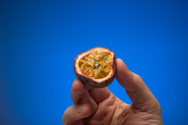 Сырые половинчатые маракуйи или фрукты страсти, взятые в руки кавказским мужчиной. Крупный план студии, изолированные на синем фоне. - Фото, изображение