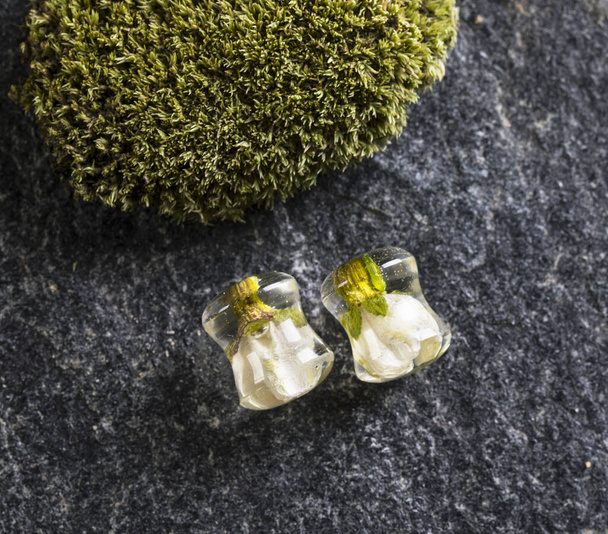 Dried real flower Ear plugs magic resin gauges and tunnels in eco epoxy resin, gift for her, botanical plugs jewelry, floral tunnels - Valokuva, kuva
