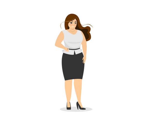 Attractive chubby businesswoman standing in elegant office clothes. Happy business woman overweight plus size body. Curvy fat adult girl. Bodypositive successful female. Vector eps illustration - Vector, Image