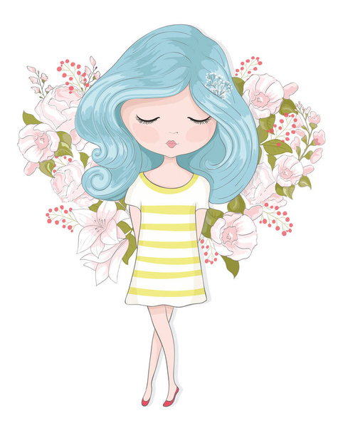 χαριτωμένο κορίτσι κινουμένων σχεδίων με floral στεφάνι, διανυσματική απεικόνιση - Διάνυσμα, εικόνα