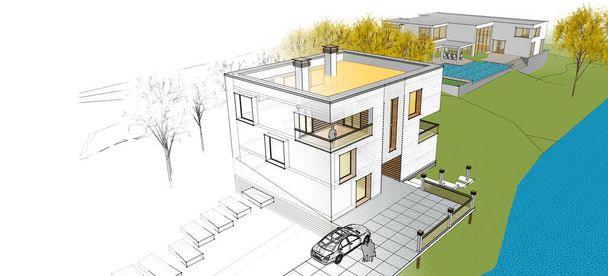 abstracto cúbico casa 3d renderizado - Foto, imagen