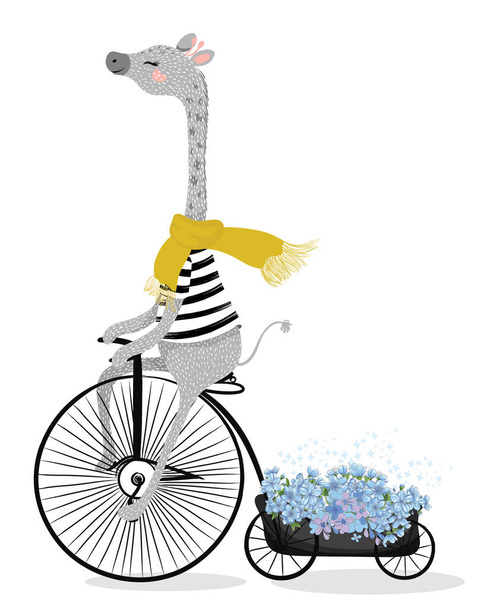 cute giraffe riding a bicycle with flowers - Вектор,изображение