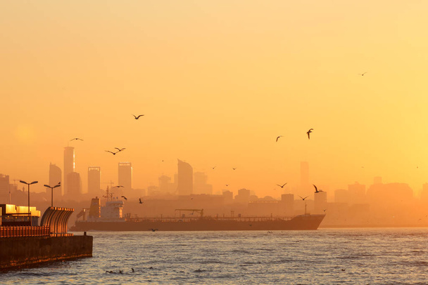 Schepen varen in het gele ochtendlicht langs de Bosporus. Vogels vliegen in de lucht. Panorama van de stad, silhouetten van wolkenkrabbers, promenade. Istanbul, Turkije - Foto, afbeelding