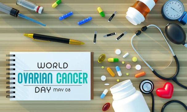 Maailman munasarjasyöpä havaitaan vuosittain 8. toukokuuta, se on ryhmä sairauksia, jotka ovat peräisin munasarjoista tai niihin liittyvistä munanjohtimien ja vatsakalvon alueista. 3D-renderointi - Valokuva, kuva
