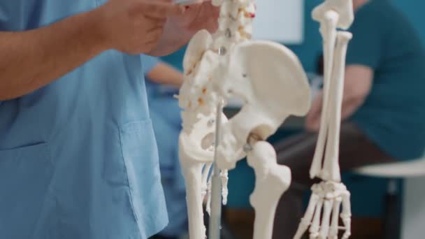 Miesten osteopaatti, joka selittää luut ihmisen luurangon tutkimuksessa - Materiaali, video