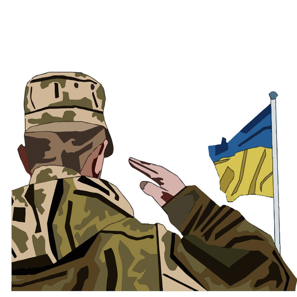  vector ilustración de soldado vestido con uniforme militar saluda delante de la bandera de Ucrania. Guardia del ejército ucraniano en uniforme. Pueblo patriótico, therodefense y las Fuerzas Armadas de Ucrania (AFU) concepto - Vector, Imagen