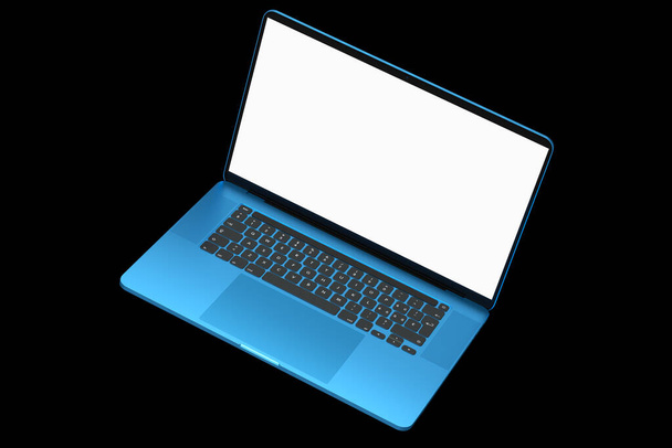 Realistic blue aluminum laptop with empty white screen display isolated on black background. 3D rendering of open portable computer for home studio workspace - Fotoğraf, Görsel