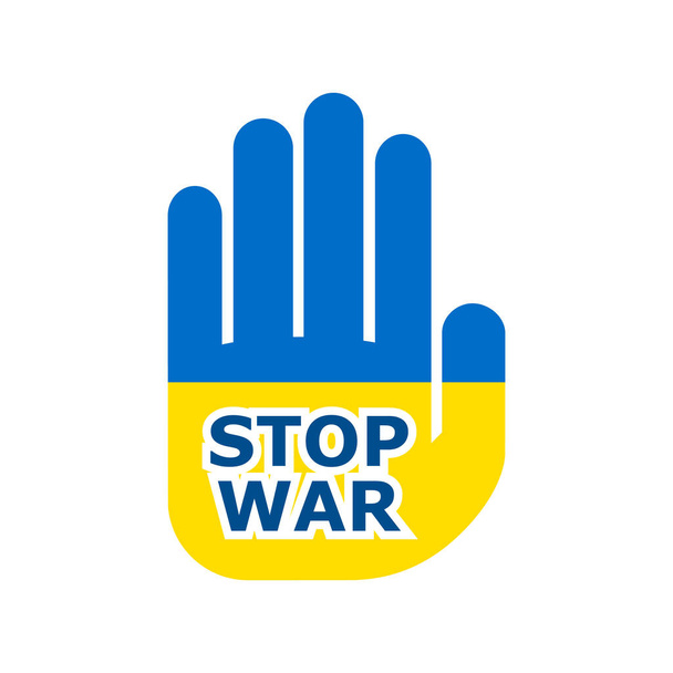 Stop de oorlog in Oekraïne. Menselijke hand in de kleuren van de Oekraïense vlag. Vector illustratie. Vredesconcept - Vector, afbeelding