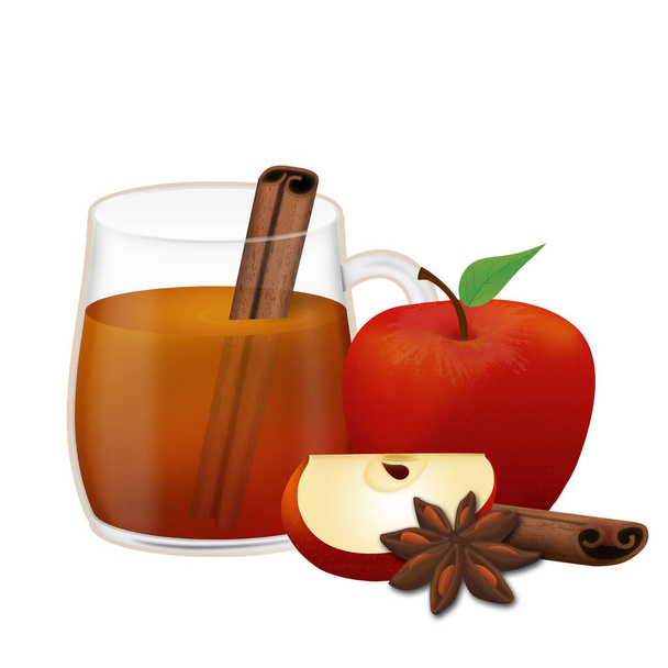Sidra de manzana o ponche con canela sobre fondo blanco, ilustración vectorial - Vector, imagen