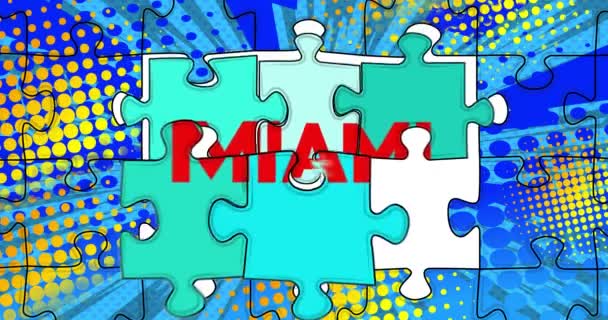 Puzzleteile, Elemente, die sich in Reihenfolge mit dem Text Miami verbinden. Symbol für Teamarbeit, Zusammenarbeit, Partnerschaft. - Filmmaterial, Video