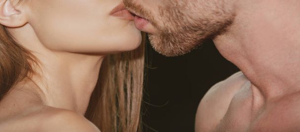 Sensual kiss close up. Man kissed tender woman. Young couple in love spends time together. Man embracing and going to kiss sensual woman. - Φωτογραφία, εικόνα