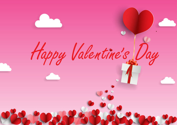 Illustration von Liebe und Valentinstag mit Herzballon, Geschenk und Wolken. - Vektor, Bild