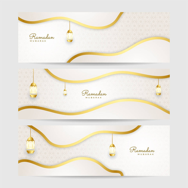 Ramadan Kareem banner background. Ramadan islamic holiday design templates with gold crescent moon, hand drawn lettering and mosque. Vector illustration. - Vetor, Imagem