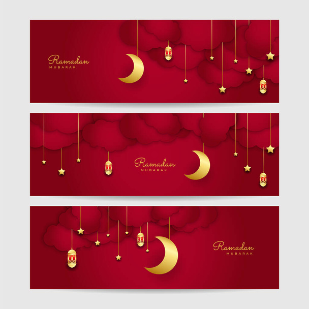 Ramadan Kareem Banner Background with moon, islamic pattern, lantern. Gold moon and red abstract luxury islamic elements background - Vektori, kuva
