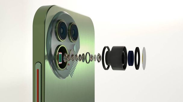 Κλείσιμο προβολής της ενότητας ψηφιακών φακών φωτογραφικής μηχανής σύγχρονου smartphone, αισθητήρα smartphone, οπτική διάταξη, αποσυναρμολογημένος φακός, 3D rendering - Φωτογραφία, εικόνα