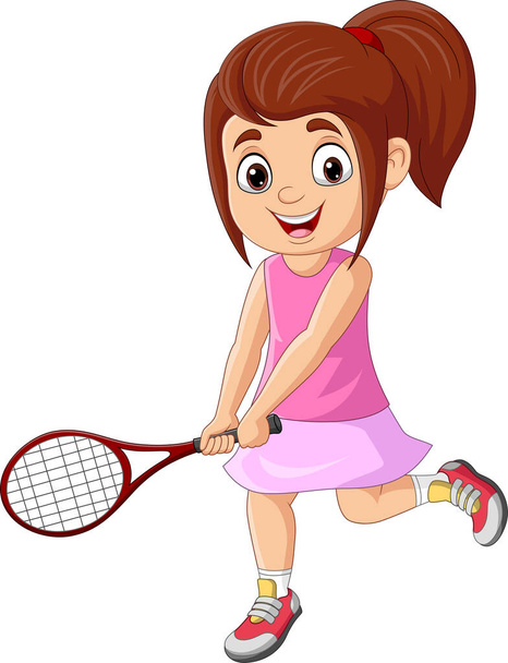 Vektor illusztráció rajzfilm kislány teniszezik - Vektor, kép
