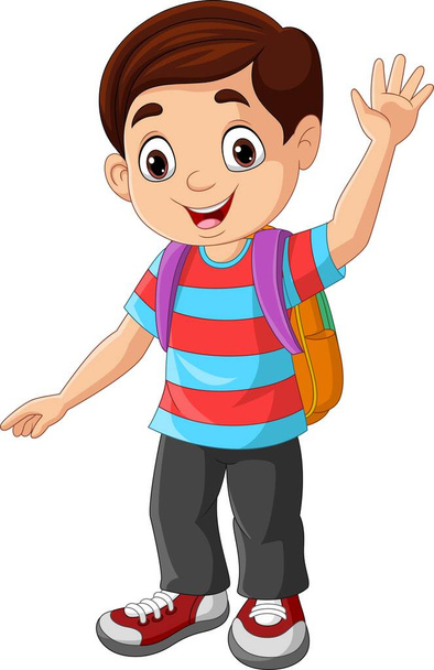 Illustrazione vettoriale del ragazzo della scuola felice del fumetto che agita la mano - Vettoriali, immagini