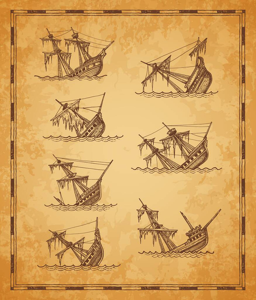 Barcos de vela hundidos mapa vintage bosquejo elementos, vectores veleros naufragios. Barcos rotos o naufragios en la isla del tesoro en olas oceánicas o marinas, barcos ahogados o hundidos en bosquejos dibujados a mano - Vector, imagen