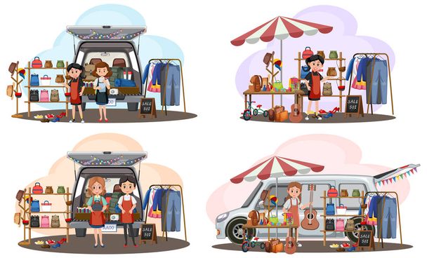 Concetto di mercato delle pulci con set di diversi negozi illustrazione - Vettoriali, immagini