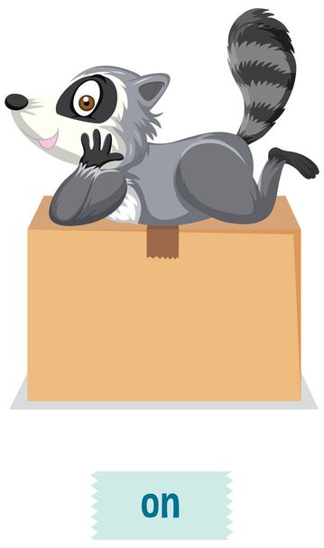 Prépositions anglaises, ratons laveurs allongés sur les boîtes illustration - Vecteur, image