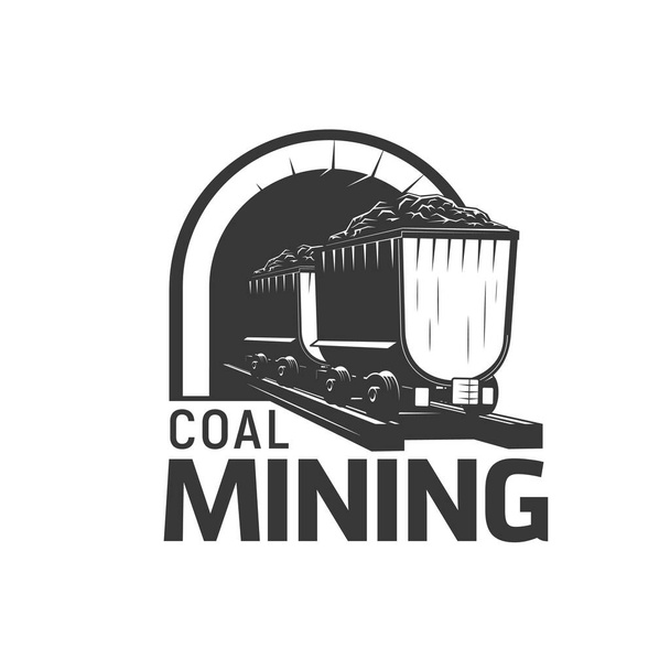 Тележка для добычи угля, шахтный завод и векторная икона тяжелой промышленности. Горнодобывающая тачка в карьерном тоннеле, эмблема для добычи угля или металлической руды и эксплуатации металлургии - Вектор,изображение