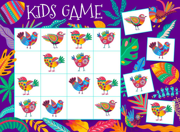 Sudoku kinderspel. Cartoon alebrije Mexicaanse vogels. Vector educatieve test, kinderen bordspel raadsel of quiz werkblad met cartoon kleurrijke vogels en heldere tropische bloemen - Vector, afbeelding