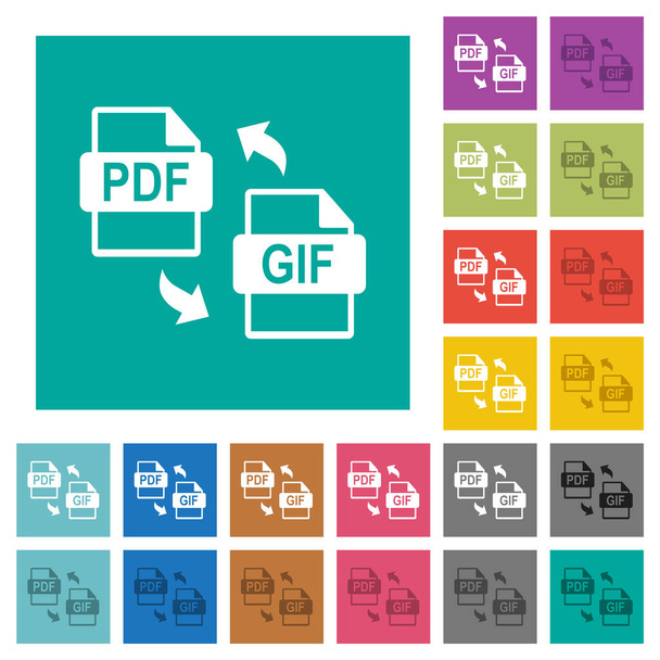 PDF GIF file conversion multi colored flat icons on plain square backgrounds. Zahrnuty bílé a tmavší varianty ikon pro vznášedlo nebo aktivní efekty. - Vektor, obrázek