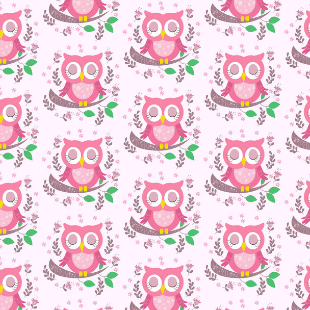 розовая сова, сидящая на ветке, полной листьев и цветов - Вектор,изображение