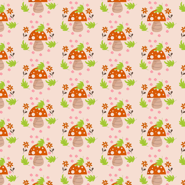 brown mushrooms pattern with leaf ornament all around - Vector, Imagen