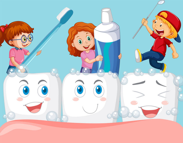 Glückliche kleine Jungen und Mädchen putzen große glückliche Zähne auf blauem Hintergrund Illustration - Vektor, Bild