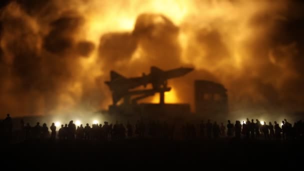 Creative artwork decoration - Russian war in Ukraine concept. Crowd looking on giant explosion and attacking armored vehicles. Selective focus - Footage, Video