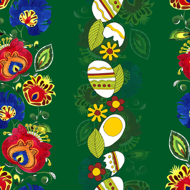  Вертикальные полоски из декоративных цветов и яиц на праздник Пасхи. Бесшовный рисунок на зеленом фоне. - Фото, изображение
