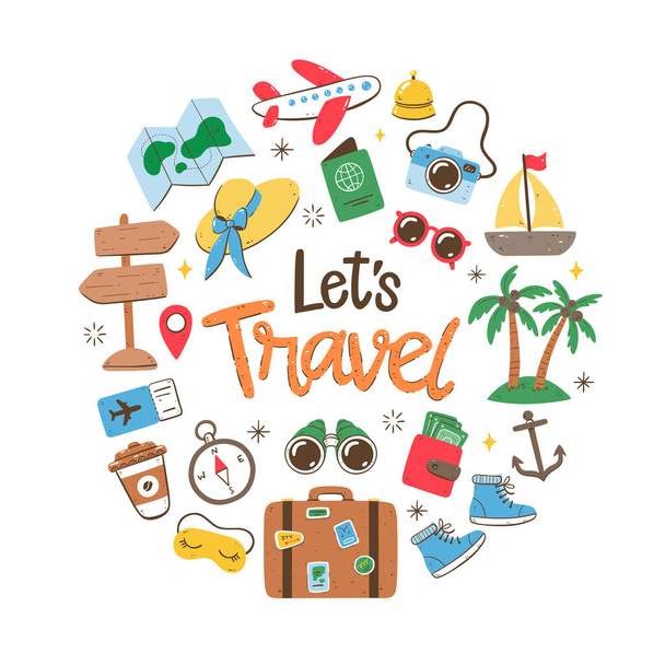 Travel holidays background. Colorful style. Cute hand drawn travel icons. Isolated objects on white background. - Vector, Image