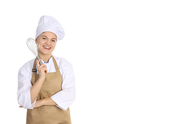 白い背景に孤立した若い女性と料理の概念 - 写真・画像