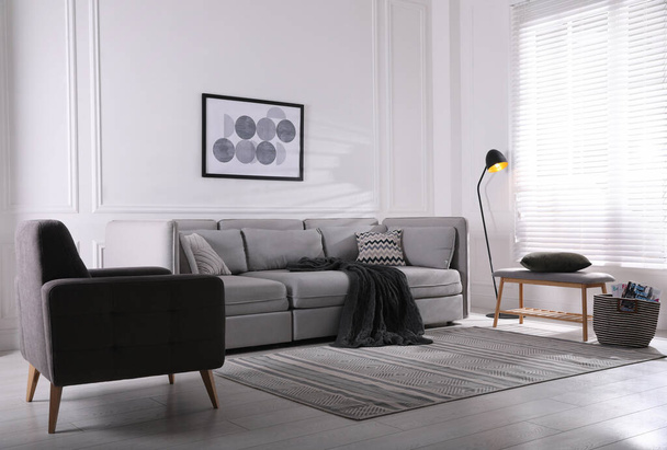 Cozy living room interior with comfortable grey sofa and armchair - Foto, afbeelding
