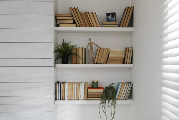 Many shelves with different decor in room. Interior design - Фото, изображение