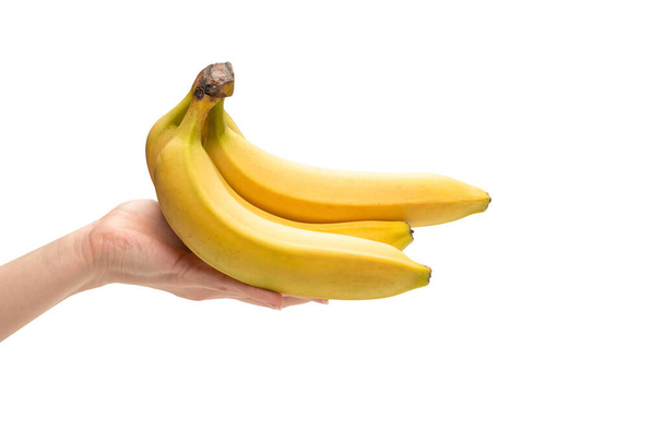 Un ramo de plátanos en mano de mujer aislados sobre un fondo blanco. - Foto, Imagen