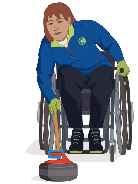 para sports paralympic curling, physical disabled female curler sitting in specialized wheelchair sliding rock with delivery stick isolated on a white background - Vector, Image