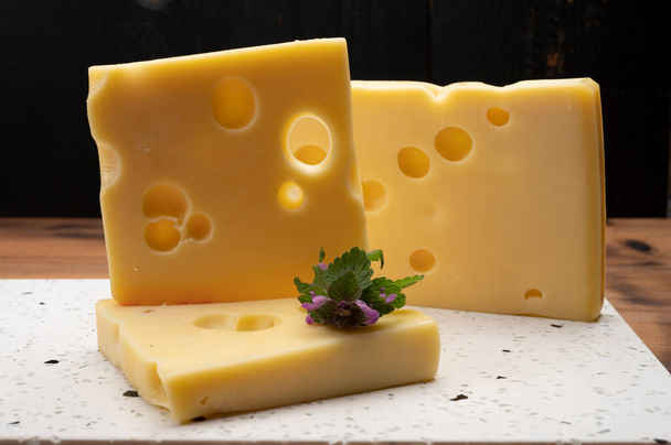 Schweizer Käsesorte, gelber Emmentaler oder Emmentaler mit runden Löchern - Foto, Bild