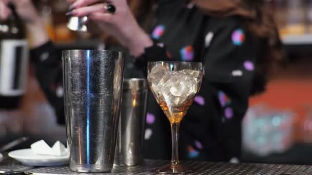 pelirroja chica joven adulto mujer barman prepara mezclas de papel avión cóctel bar vierte campanas de hielo - Imágenes, Vídeo