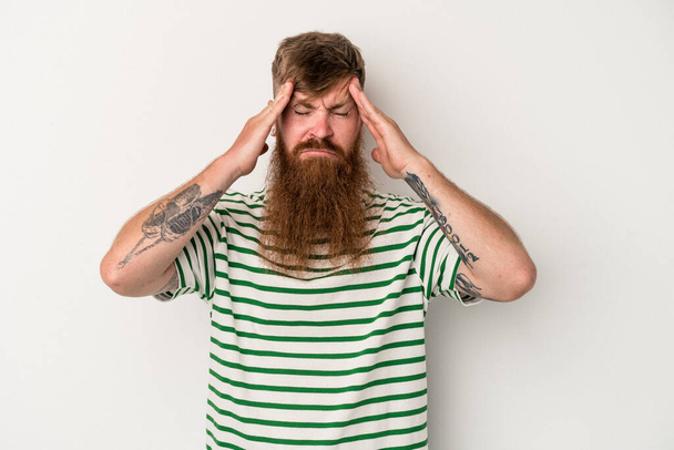 Junger kaukasischer Ingwermann mit langem Bart, isoliert auf weißem Hintergrund, berührt Schläfen und hat Kopfschmerzen. - Foto, Bild
