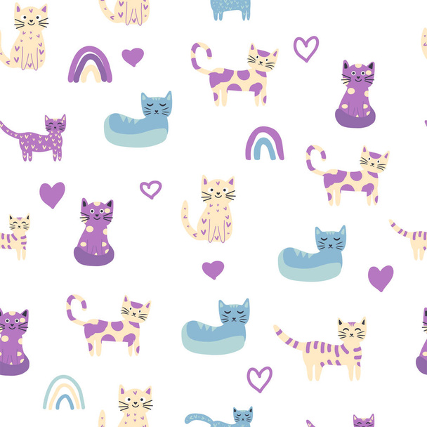 Seamless childish pattern with funny colorful cats and rainbows. Creative scandinavian kids texture. Meow inscription - Vector, Image