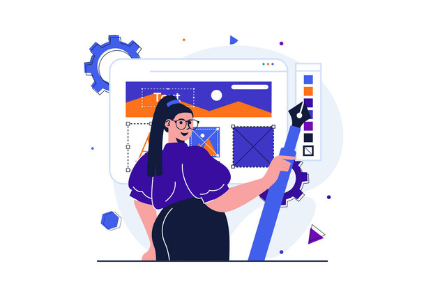 Дизайнерська студія сучасного плаского концепту для веб-банера. Жіночий ілюстратор тримає ручку, малює графічні елементи та зображення на веб-макеті. Ілюстрація з відокремленими людьми - Фото, зображення