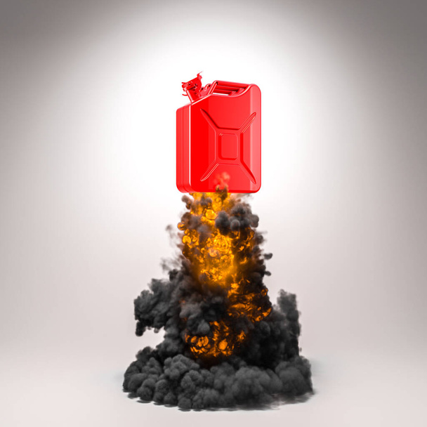 красный канистра бензина с огнем и дымом, повышение ценовой концепции. 3D рендеринг - Фото, изображение